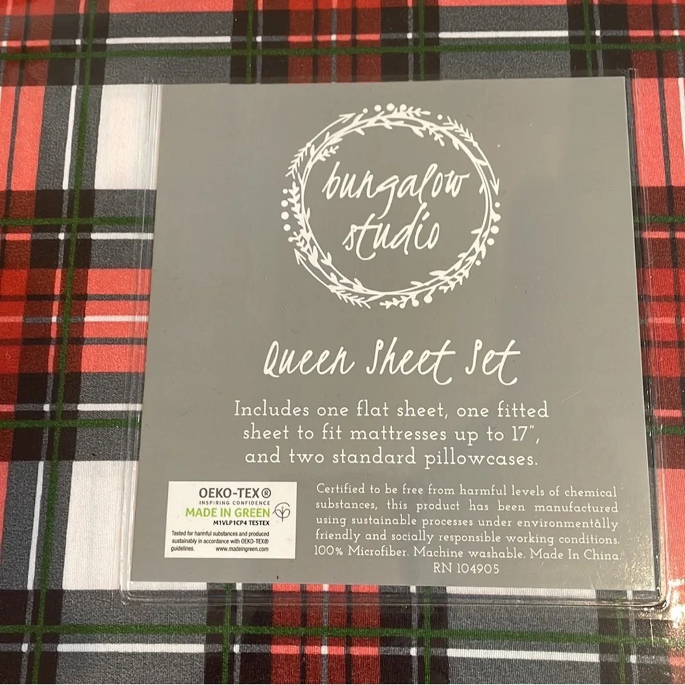 Bungalow Studio Christmas Plaid Red White Green Microfiber Sheet Set Queen